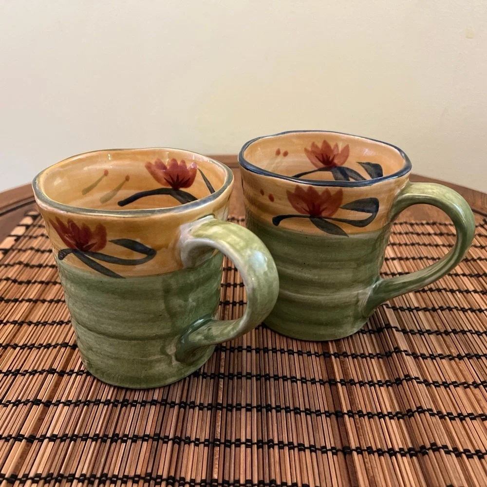 Two Pier 1 ELIZABETH Hand Painted Stoneware Coffee Mugs Green Swirl Flowers 16oz